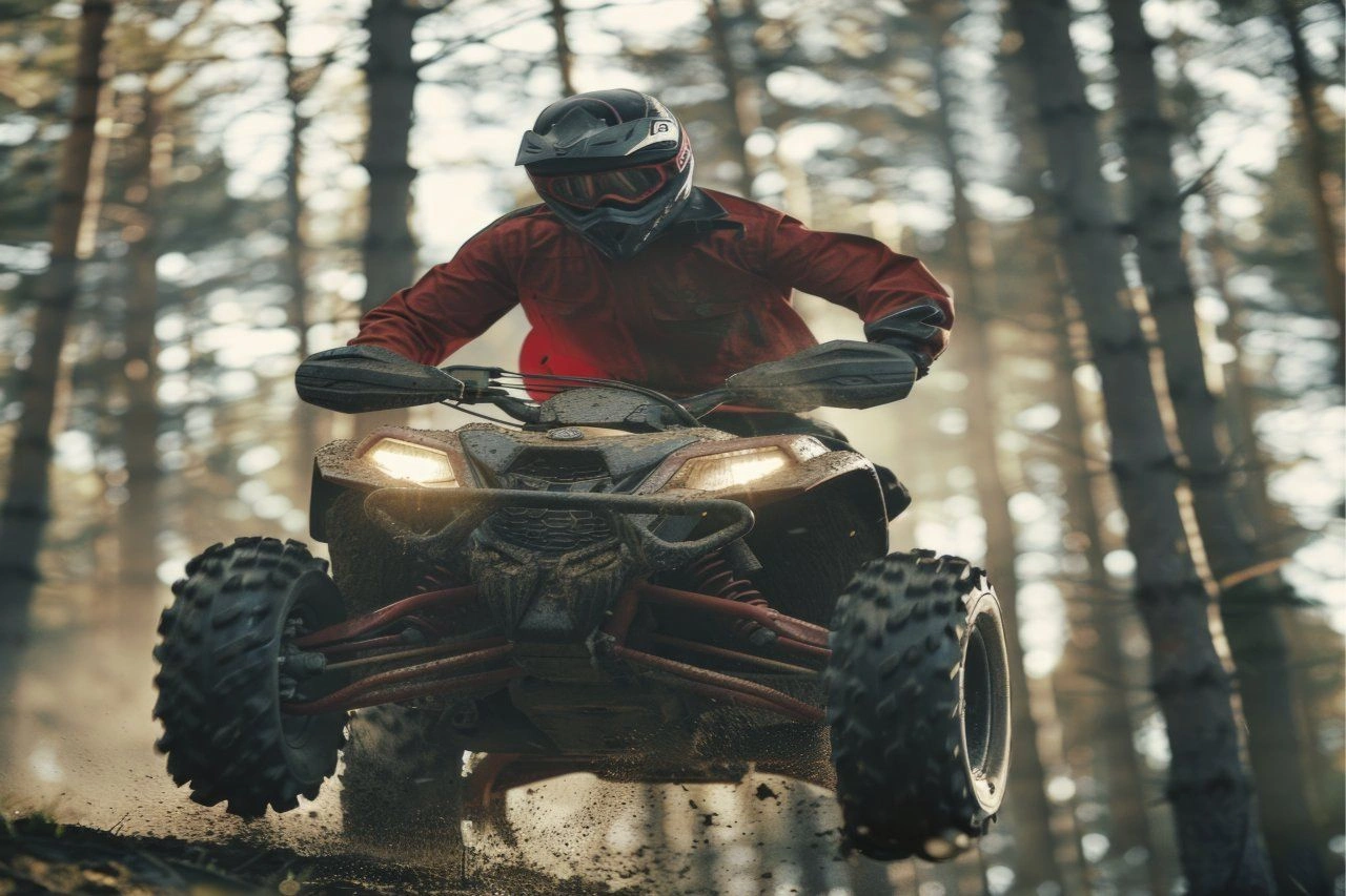 Rider in red jacket operating Can-Am Ryker three-wheeled vehicle on forest trail with trees